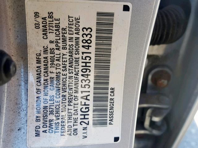 2HGFA15349H514833 - 2009 HONDA CIVIC VP SILVER photo 10