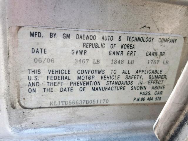 KL1TD56637B051170 - 2007 CHEVROLET AVEO BASE Сұр фото 10