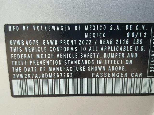 3VW2K7AJ8DM367263 - 2013 VOLKSWAGEN JETTA BASE 银色 照片 10
