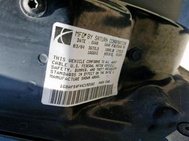 1G8AF54F44Z192162 - 2004 SATURN ION LEVEL BLACK photo 10