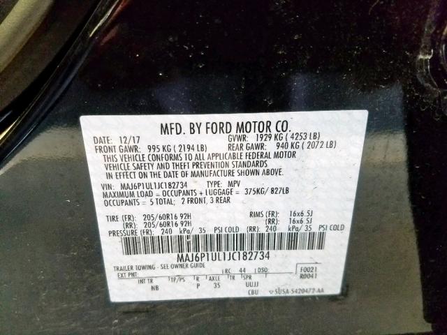 MAJ6P1UL1JC182734 - 2018 FORD ECOSPORT S BLACK photo 10