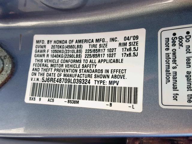 5J6RE48709L039324 - 2009 HONDA CR-V EXL BLUE photo 10