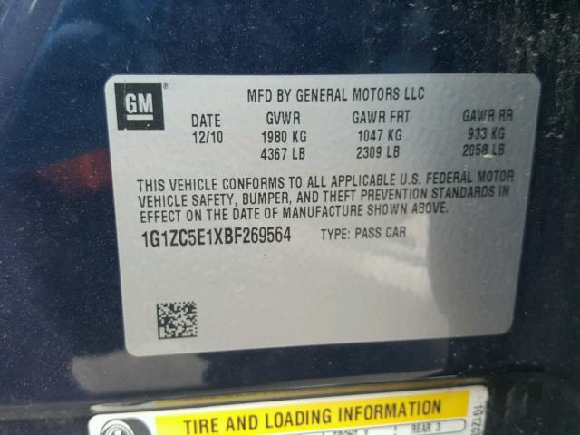 1G1ZC5E1XBF269564 - 2011 CHEVROLET MALIBU 1LT BLUE photo 10