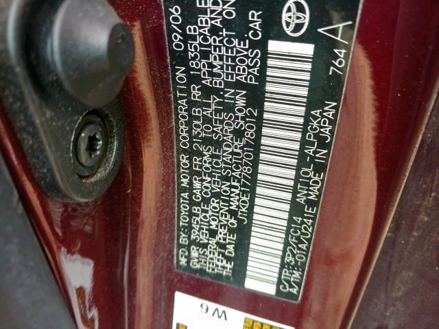 JTKDE177870178012 - 2007 TOYOTA SCION TC ბურგუნდია ფოტო 10