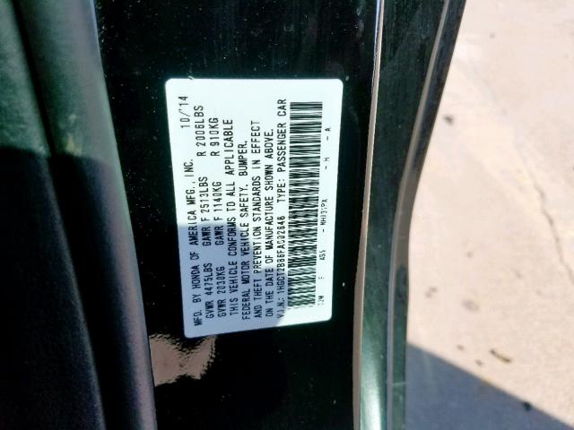 1HGCT2B86FA002648 - 2015 HONDA ACCORD EXL BLACK photo 10