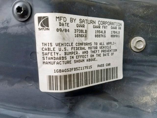1G8AG52F85Z117515 - 2005 SATURN ION LEVEL BLACK photo 10
