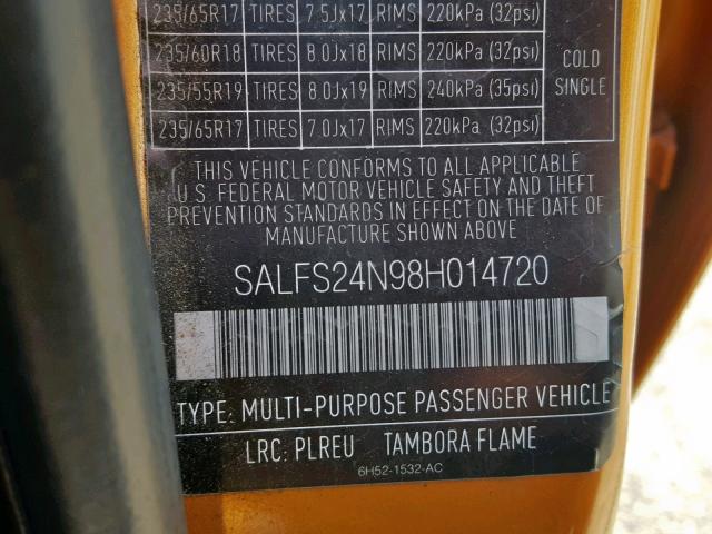 SALFS24N98H014720 - 2008 LAND ROVER LR2 SE TEC ORANGE photo 10