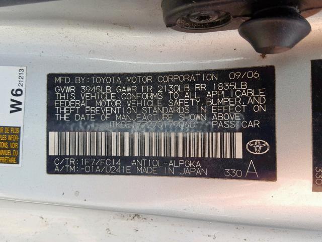 JTKDE177270179060 - 2007 TOYOTA SCION TC ვერცხლისფერი ფოტო 10