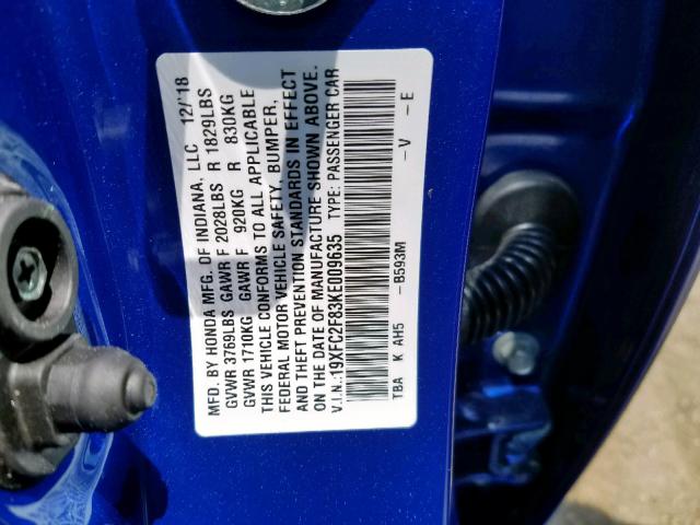 19XFC2F83KE009635 - 2019 HONDA CIVIC SPOR BLUE photo 10