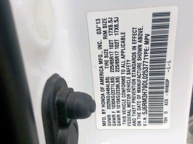 5J6RM3H79DL025377 - 2013 HONDA CR-V EXL WHITE photo 10