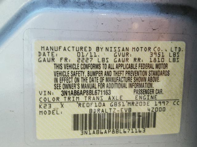 3N1AB6AP8BL671163 - 2011 NISSAN SENTRA 2.0 SILVER photo 10