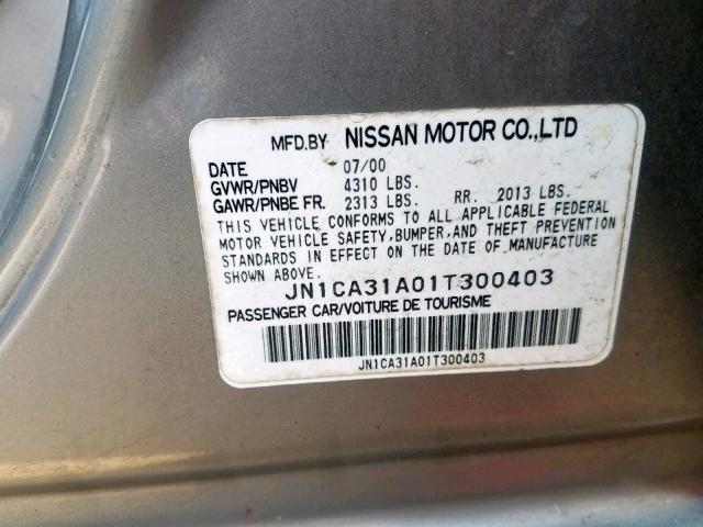 JN1CA31A01T300403 - 2001 NISSAN MAXIMA GXE GRAY photo 10