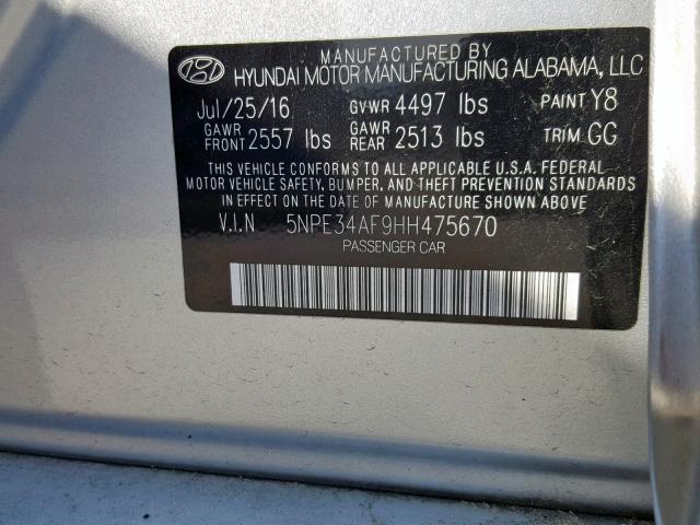 5NPE34AF9HH475670 - 2017 HYUNDAI SONATA SPO SILVER photo 10