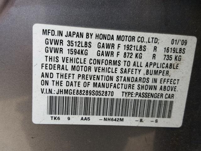 JHMGE88289S052870 - 2009 HONDA FIT GRAY photo 10