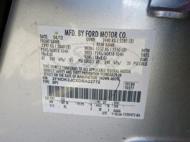 2FMDK3JCXDBA22772 - 2013 FORD EDGE SEL SILVER photo 10