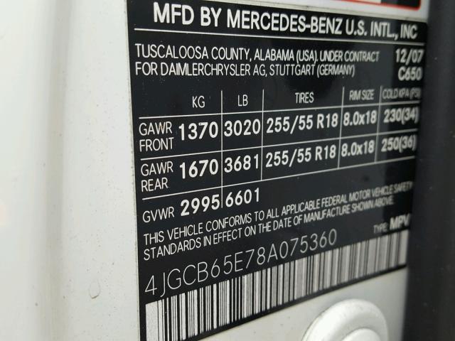 4JGCB65E78A075360 - 2008 MERCEDES-BENZ R 350 WHITE photo 10