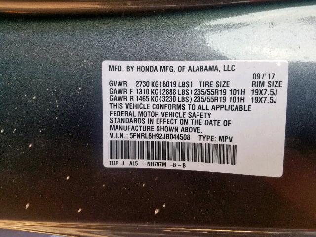 5FNRL6H92JB044508 - 2018 HONDA ODYSSEY EL GRAY photo 10