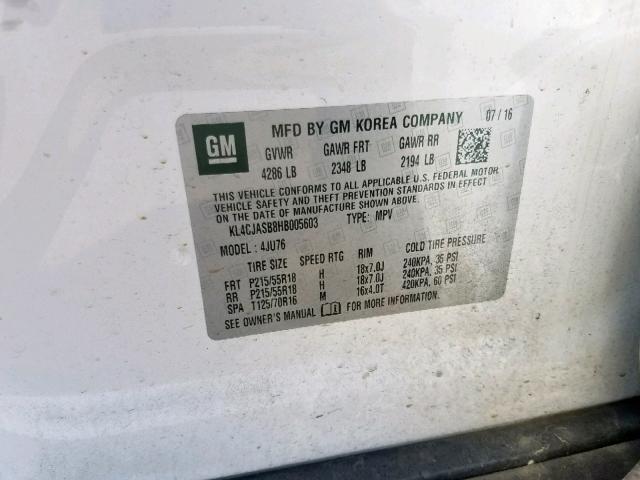 KL4CJASB8HB005603 - 2017 BUICK ENCORE PRE WHITE photo 10