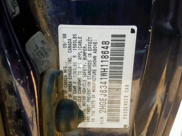 2HGEJ6341WH118648 - 1998 HONDA CIVIC DX PURPLE photo 10