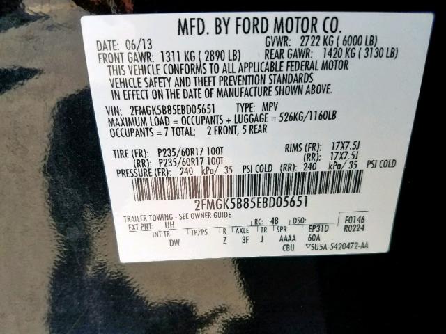 2FMGK5B85EBD05651 - 2014 FORD FLEX SE BLACK photo 10