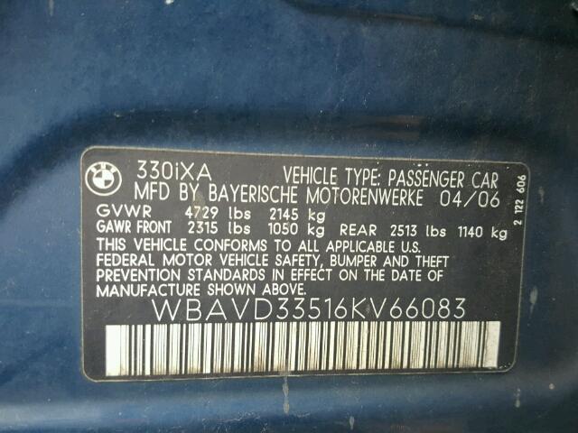 WBAVD33516KV66083 - 2006 BMW 330 XI BLUE photo 10