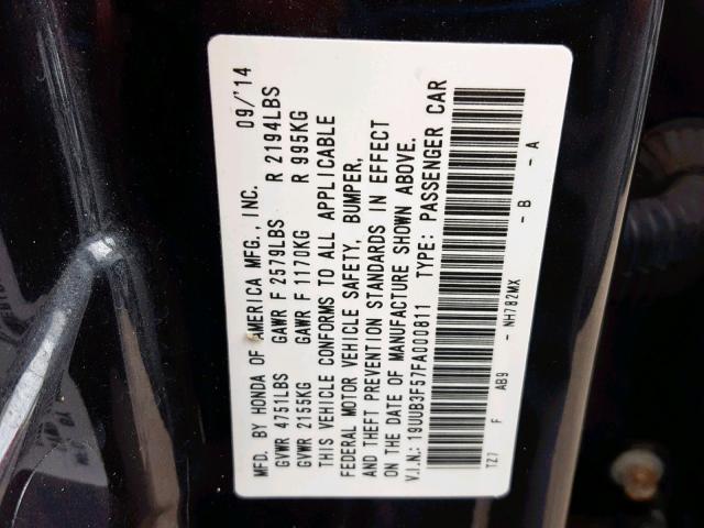 19UUB3F57FA000811 - 2015 ACURA TLX TECH GRAY photo 10