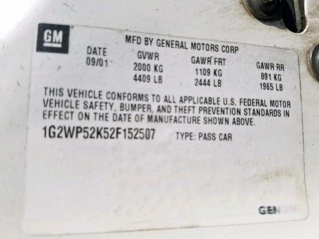 1G2WP52K52F152507 - 2002 PONTIAC GRAND PRIX WHITE photo 10