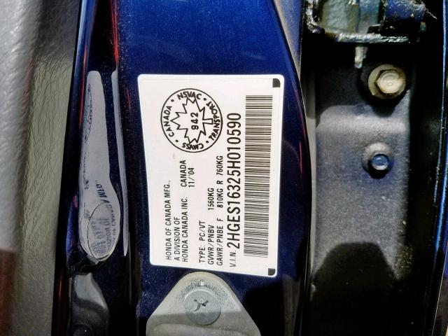 2HGES16325H010590 - 2005 HONDA CIVIC DX V BLUE photo 10