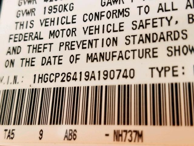 1HGCP26419A190740 - 2009 HONDA ACCORD LXP GRAY photo 10