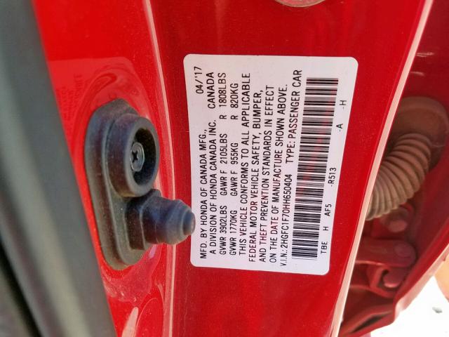 2HGFC1F70HH650404 - 2017 HONDA CIVIC EXL 红色 照片 10