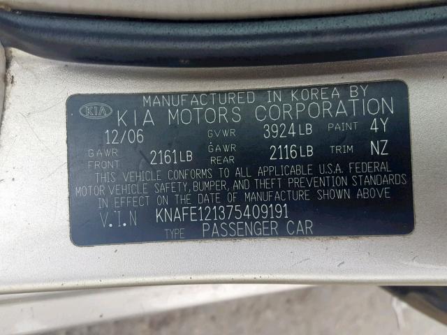 KNAFE121375409191 - 2007 KIA SPECTRA EX GOLD photo 10