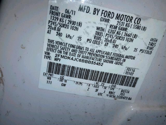 2FMDK4JC6BBB55452 - 2011 FORD EDGE SEL WHITE photo 10