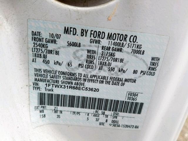 1FTWX31R68EC53620 - 2008 FORD F350 SRW S WHITE photo 10