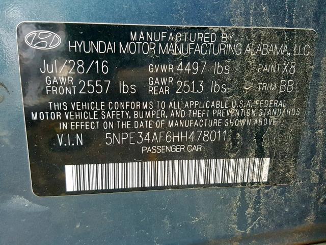 5NPE34AF6HH478011 - 2017 HYUNDAI SONATA SPO BLUE photo 10