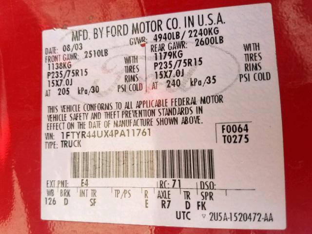 1FTYR44UX4PA11761 - 2004 FORD RANGER SUP RED photo 10