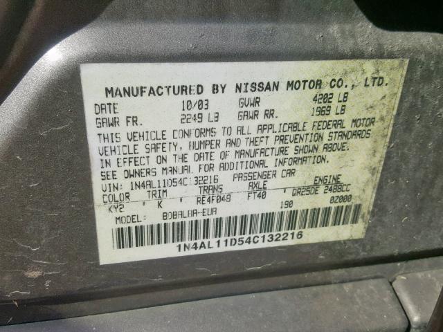 1N4AL11D54C132216 - 2004 NISSAN ALTIMA BAS TAN photo 10