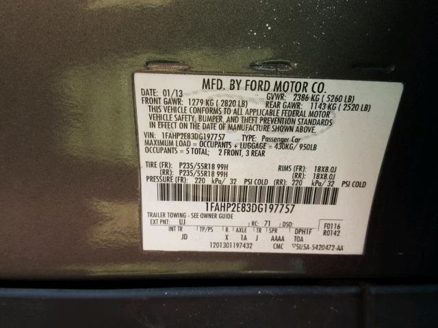 1FAHP2E83DG197757 - 2013 FORD TAURUS SEL GRAY photo 10