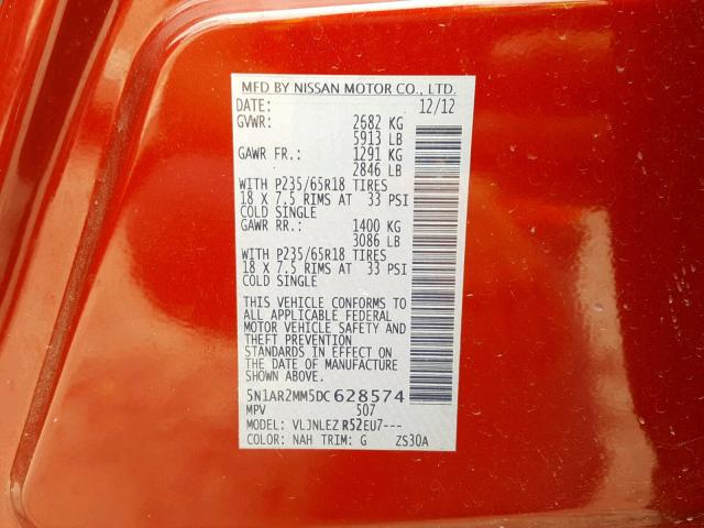 5N1AR2MM5DC628574 - 2013 NISSAN PATHFINDER RED photo 10