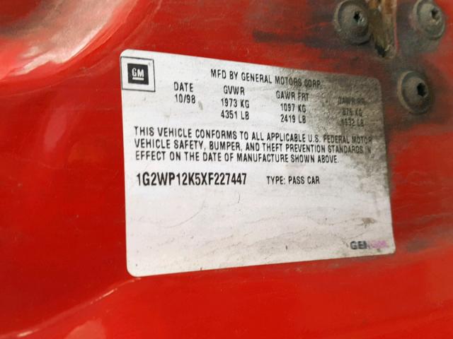 1G2WP12K5XF227447 - 1999 PONTIAC GRAND PRIX RED photo 10