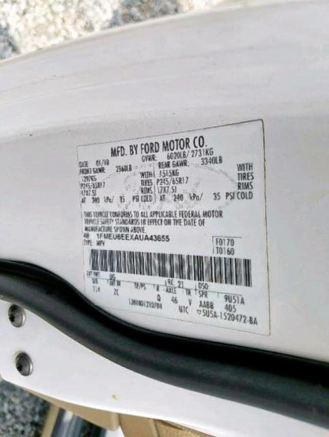 1FMEU6EEXAUA43655 - 2010 FORD EXPLORER E WHITE photo 10