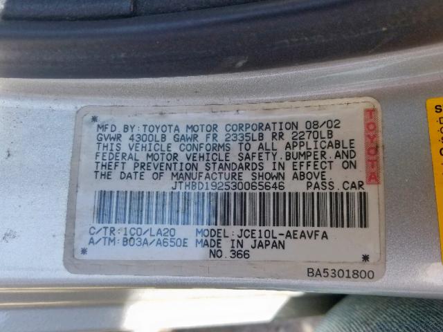 JTHBD192530065646 - 2003 LEXUS IS 300 SILVER photo 10