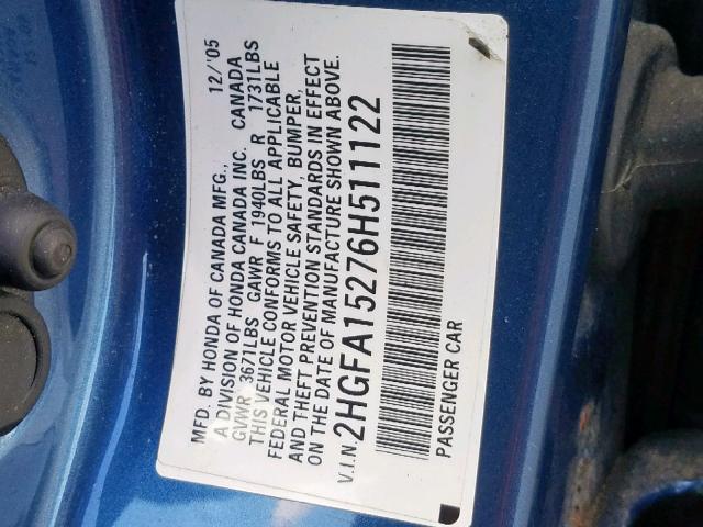 2HGFA15276H511122 - 2006 HONDA CIVIC DX BLUE photo 10