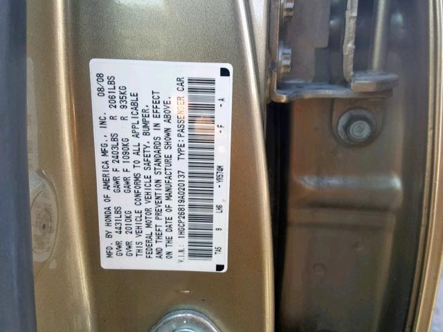 1HGCP26819A020137 - 2009 HONDA ACCORD EXL GOLD photo 10