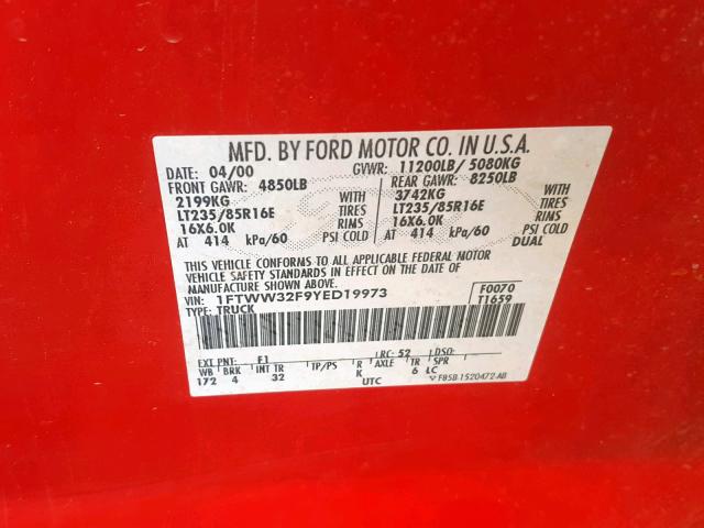 1FTWW32F9YED19973 - 2000 FORD F350 SUPER RED photo 10