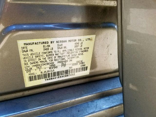 1N4BA41E54C887452 - 2004 NISSAN MAXIMA SE GOLD photo 10