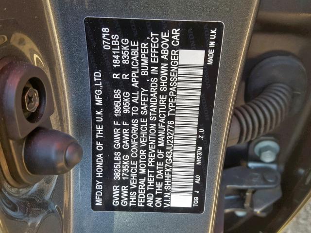 SHHFK7G43JU232776 - 2018 HONDA CIVIC SPOR GRAY photo 10