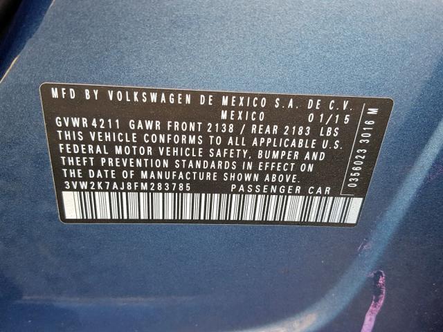 3VW2K7AJ8FM283785 - 2015 VOLKSWAGEN JETTA BASE 蓝色 照片 10