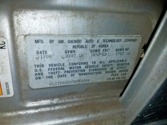 KL1TD66637B744004 - 2007 CHEVROLET AVEO BASE Күміс фото 10
