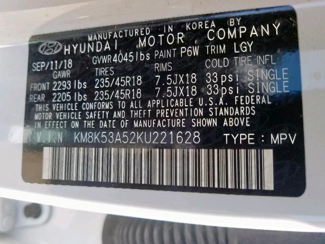 KM8K53A52KU221628 - 2019 HYUNDAI KONA ULTIM WHITE photo 10