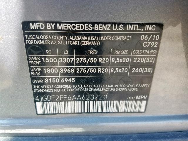 4JGBF2FE6AA623720 - 2010 MERCEDES-BENZ GL 350 BLU GRAY photo 10